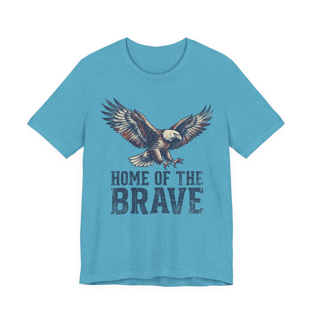 Aqua T-shirt with bald eagle graphic and “Home of the Brave” text