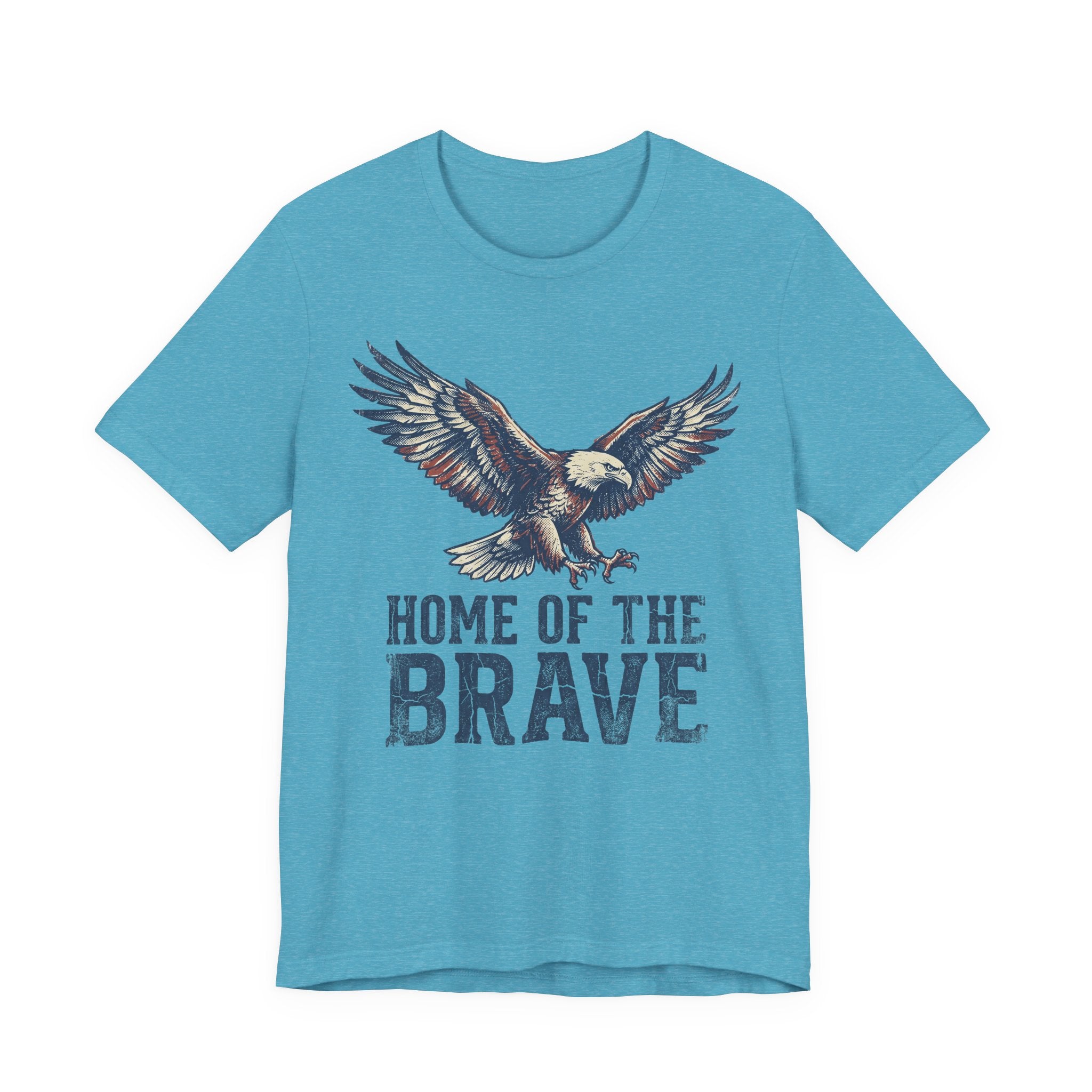 Aqua T-shirt with bald eagle graphic and “Home of the Brave” text