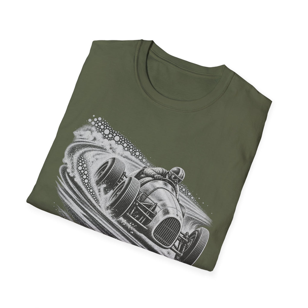 Olive green crew-neck T-shirt with vintage open-wheel race car graphic print in gray