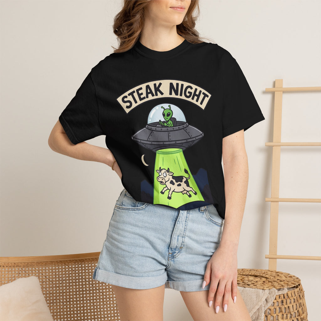 Black T-shirt with 'Steak Night' UFO and green alien cow graphic
