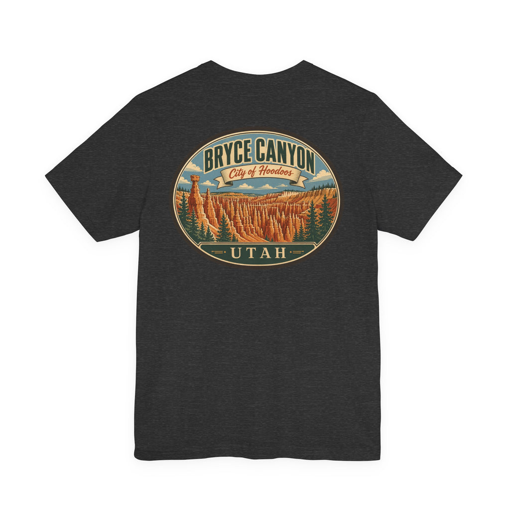 Dark gray short-sleeve T-shirt with large centered circular Bryce Canyon UTAH graphic.