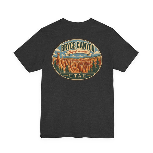 Dark gray short-sleeve T-shirt with large centered circular Bryce Canyon UTAH graphic.