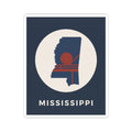 Navy kiss-cut sticker featuring Mississippi silhouette, red sun, and decorative red stripes
