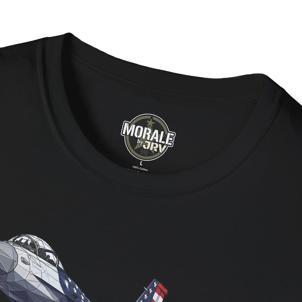 F-16 T-shirt neckline close-up with logo on black shirt