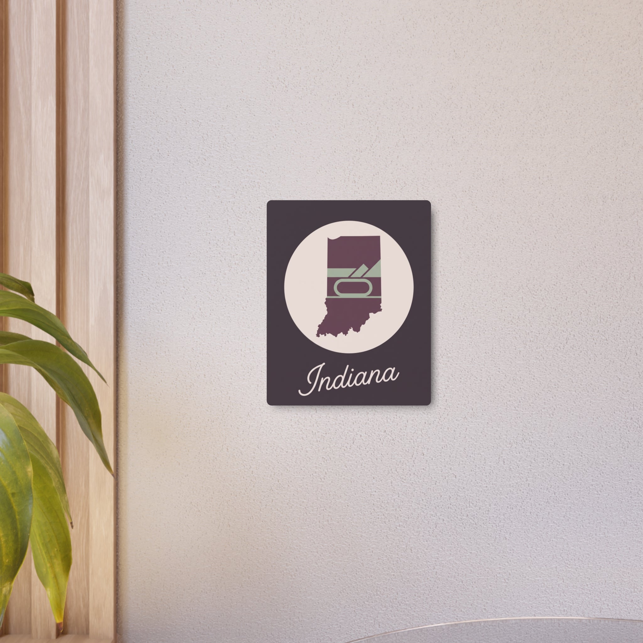 Square Indiana metal wall sign with plum state emblem, cream circle, and 'Indiana' script