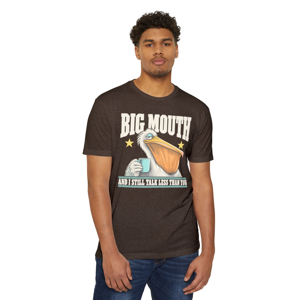 Espresso brown T-shirt with Big Mouth pelican coffee graphic on chest
