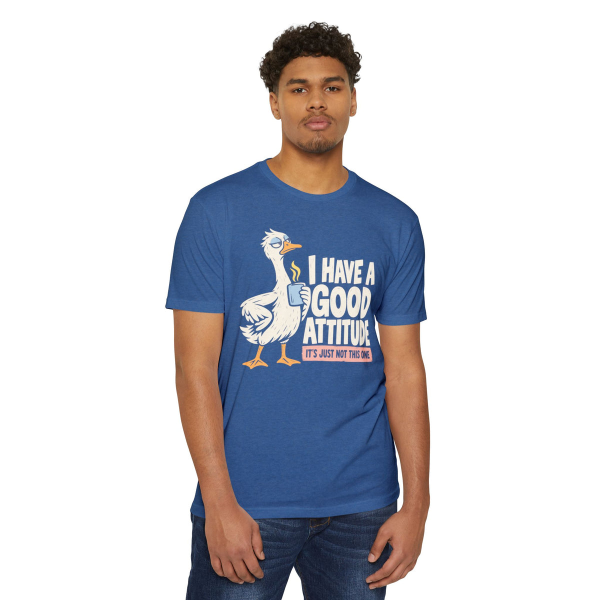 Blue graphic T-shirt with rooster and attitude quote text, crew neck front