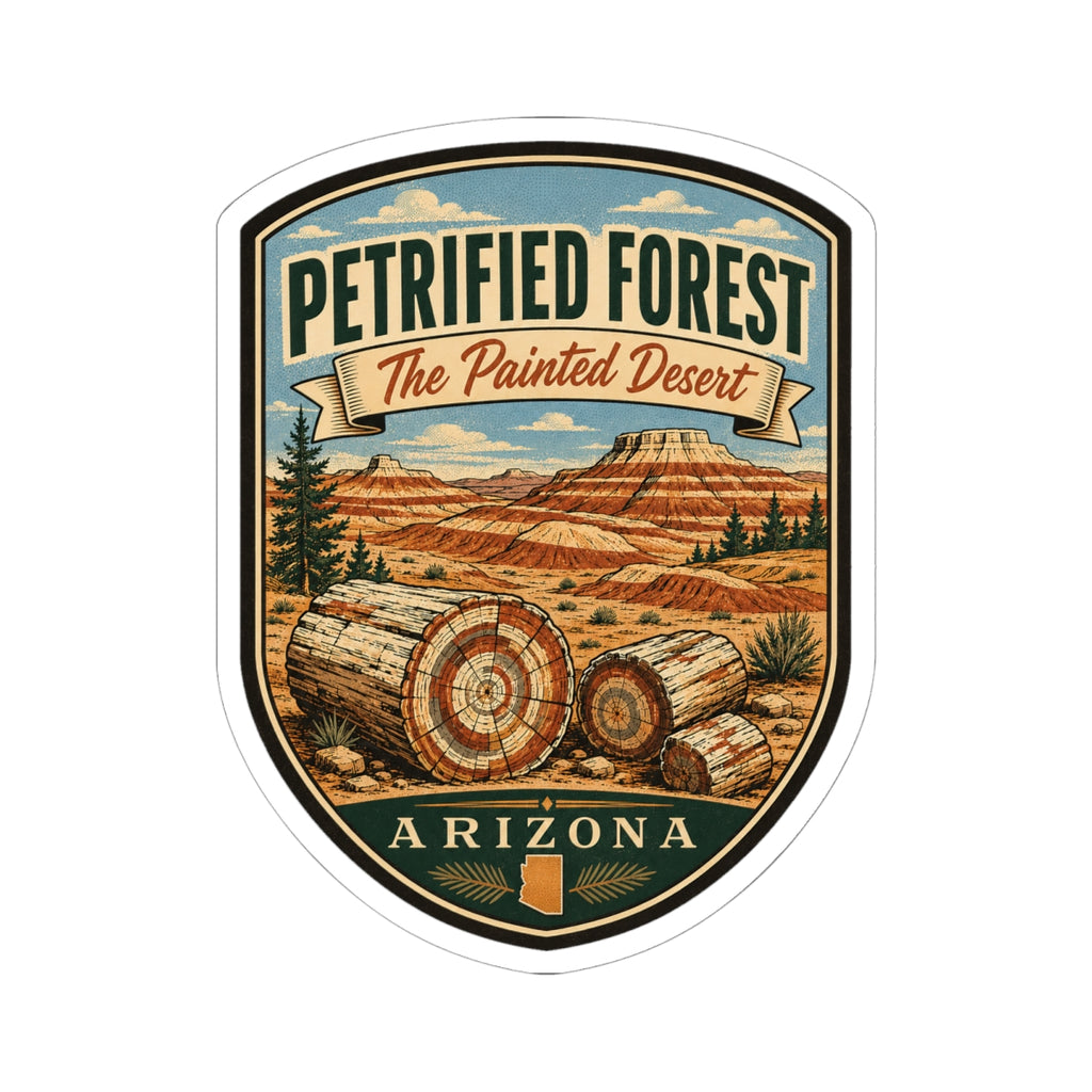 Petrified Forest travel sticker, shield design with Painted Desert banner and Arizona text
