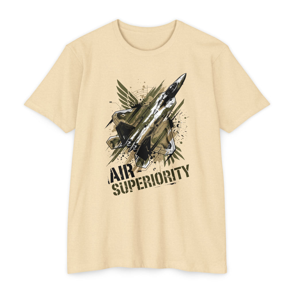 Cream crewneck T-shirt with jet 'AIR SUPERIORITY' graphic.