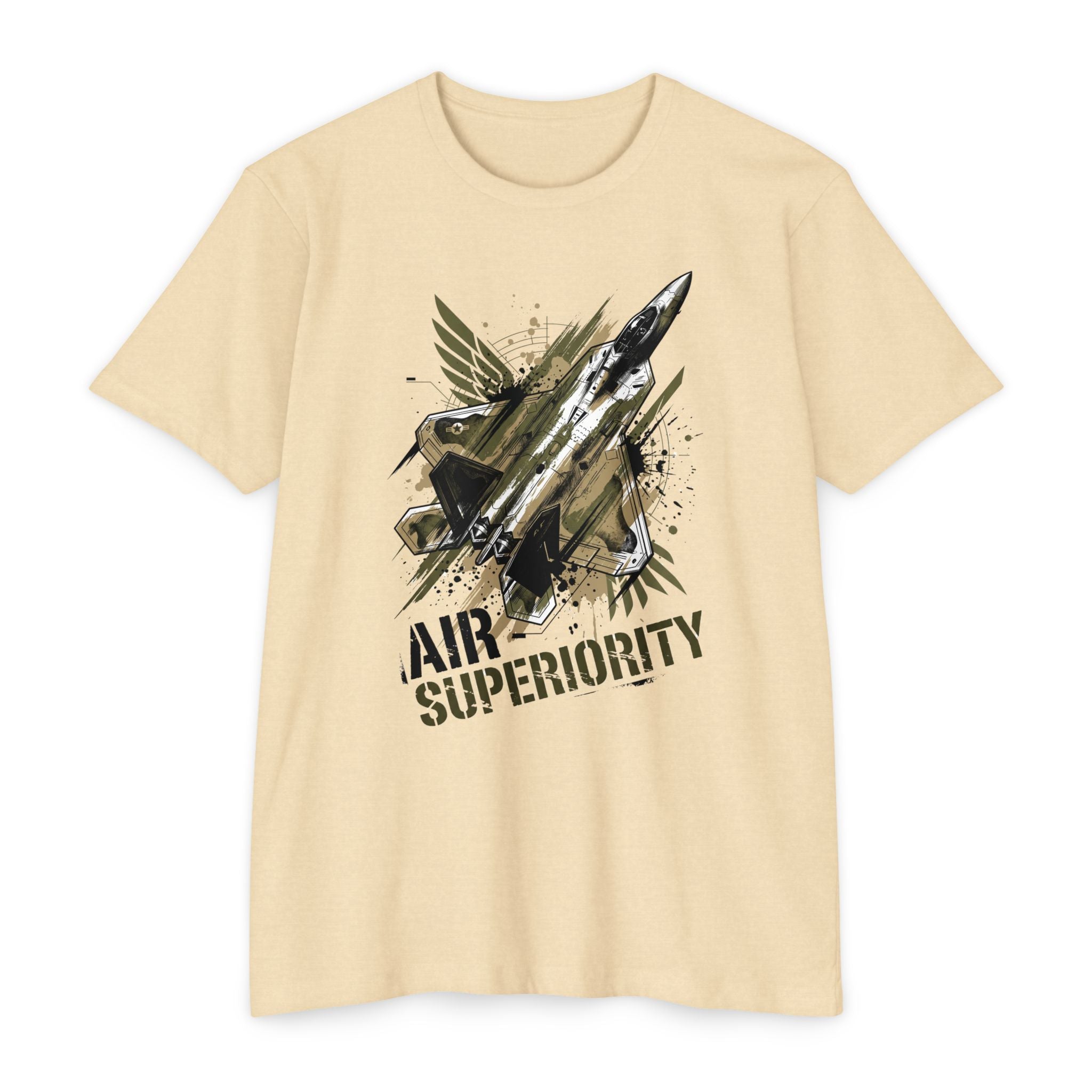 Cream crewneck T-shirt with jet 'AIR SUPERIORITY' graphic.