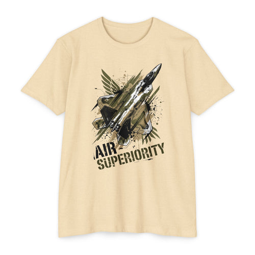 Cream crewneck T-shirt with jet 'AIR SUPERIORITY' graphic.
