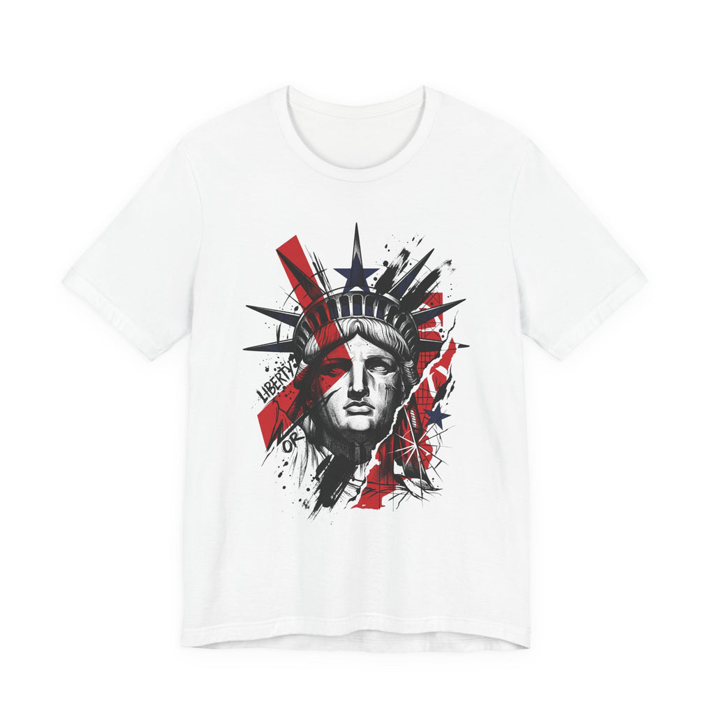 White graphic t-shirt with Statue of Liberty face illustration in red and black