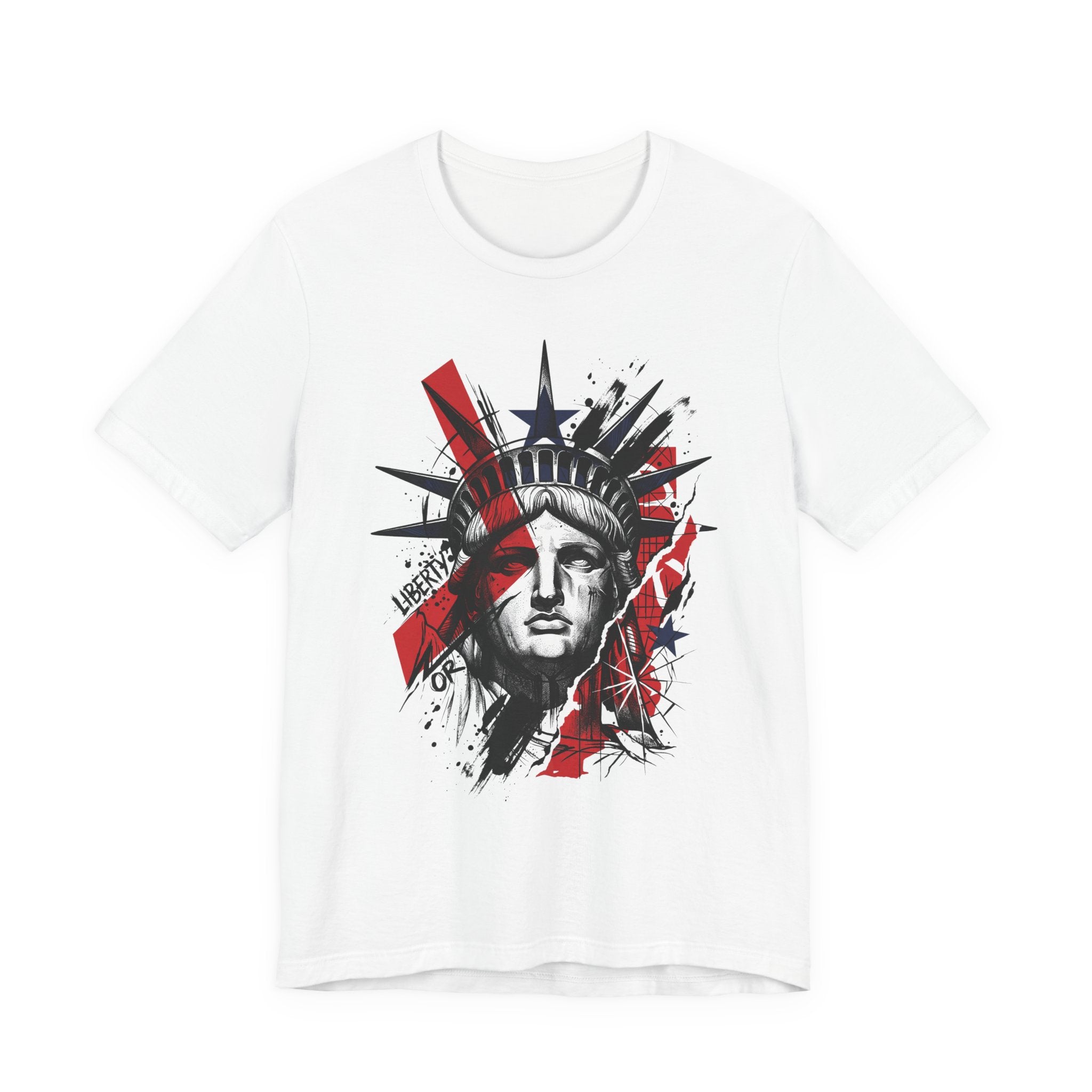 White graphic t-shirt with Statue of Liberty face illustration in red and black