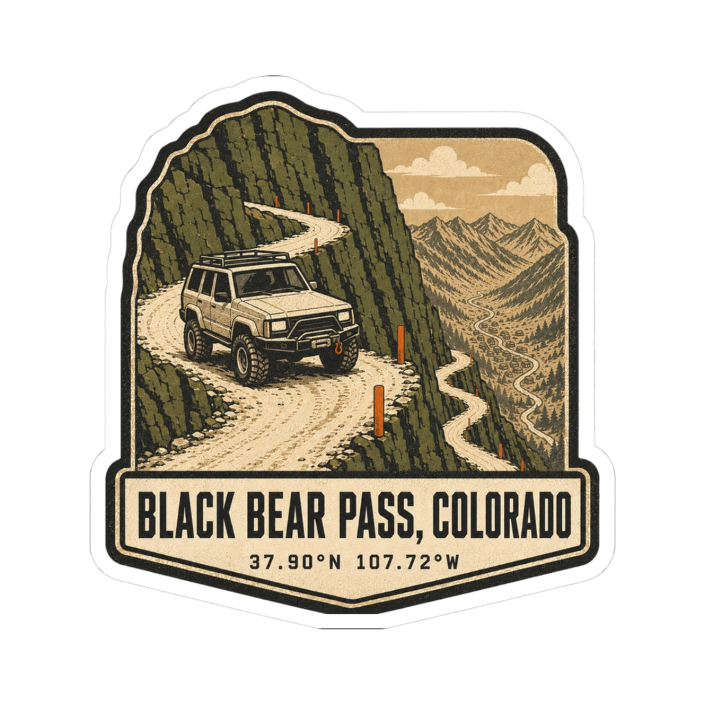 Off-road SUV sticker with mountain pass scene, 'BLACK BEAR PASS, COLORADO' and coordinates