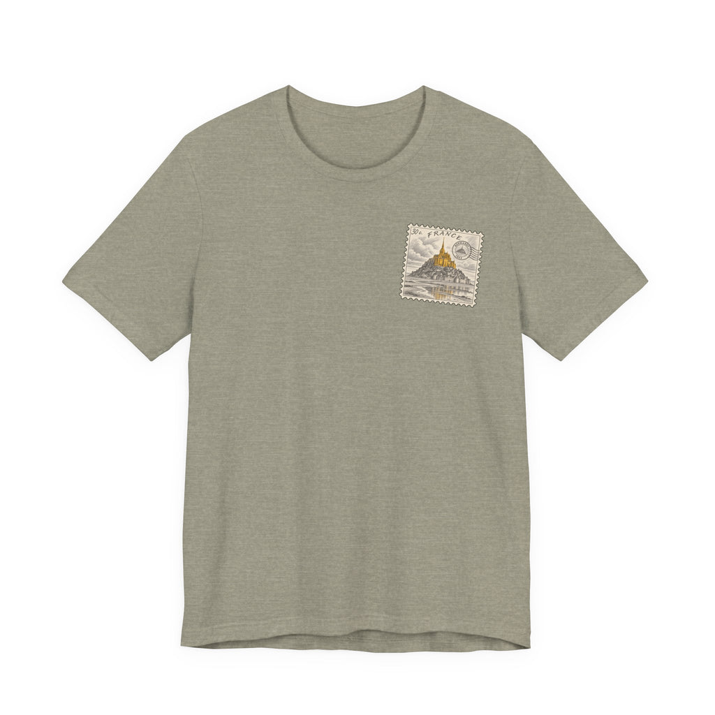 Heather grey T-shirt with small vintage postage stamp graphic on left chest.