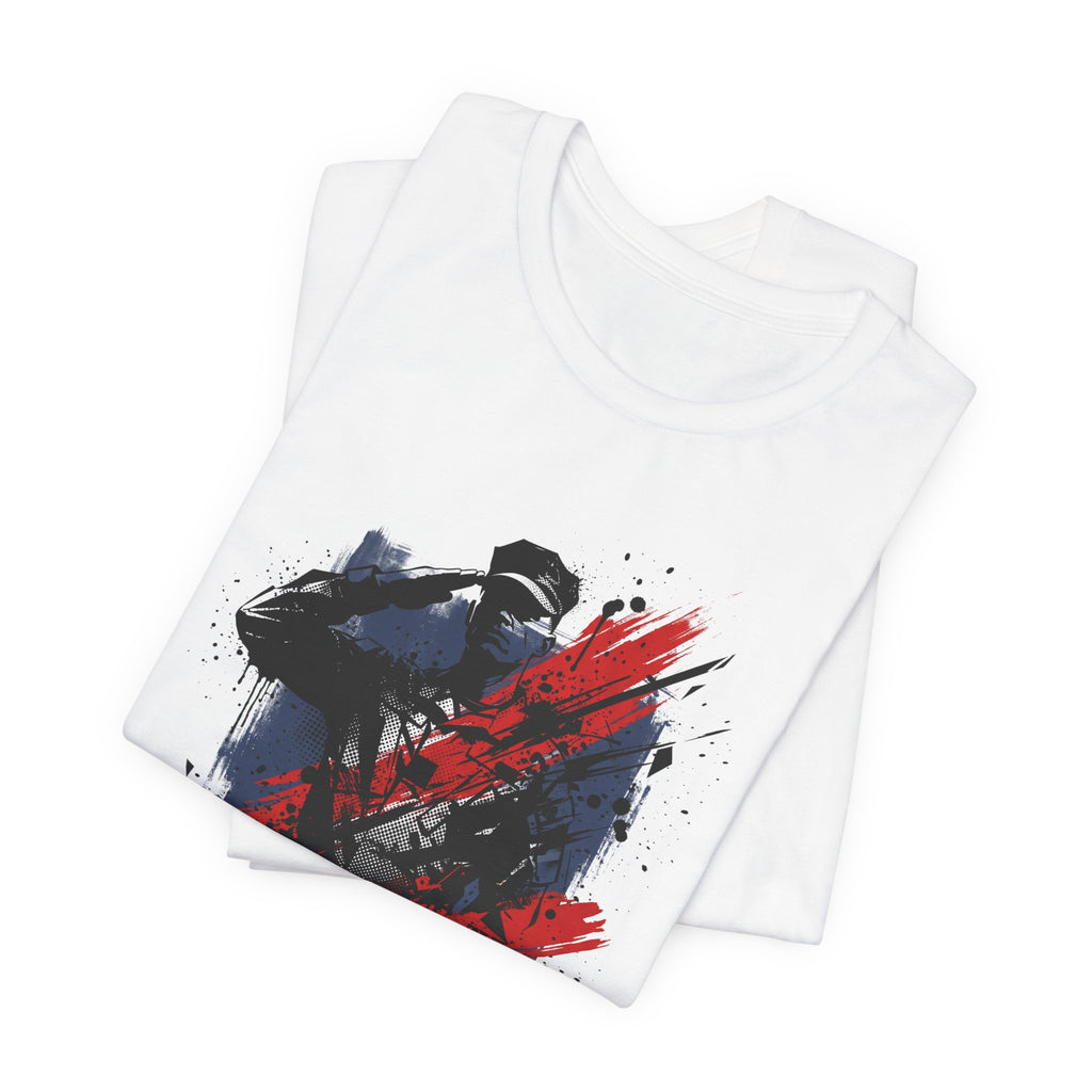 White Honor Soldier Silhouette T-Shirt with soldier graphic in blue, red, and black