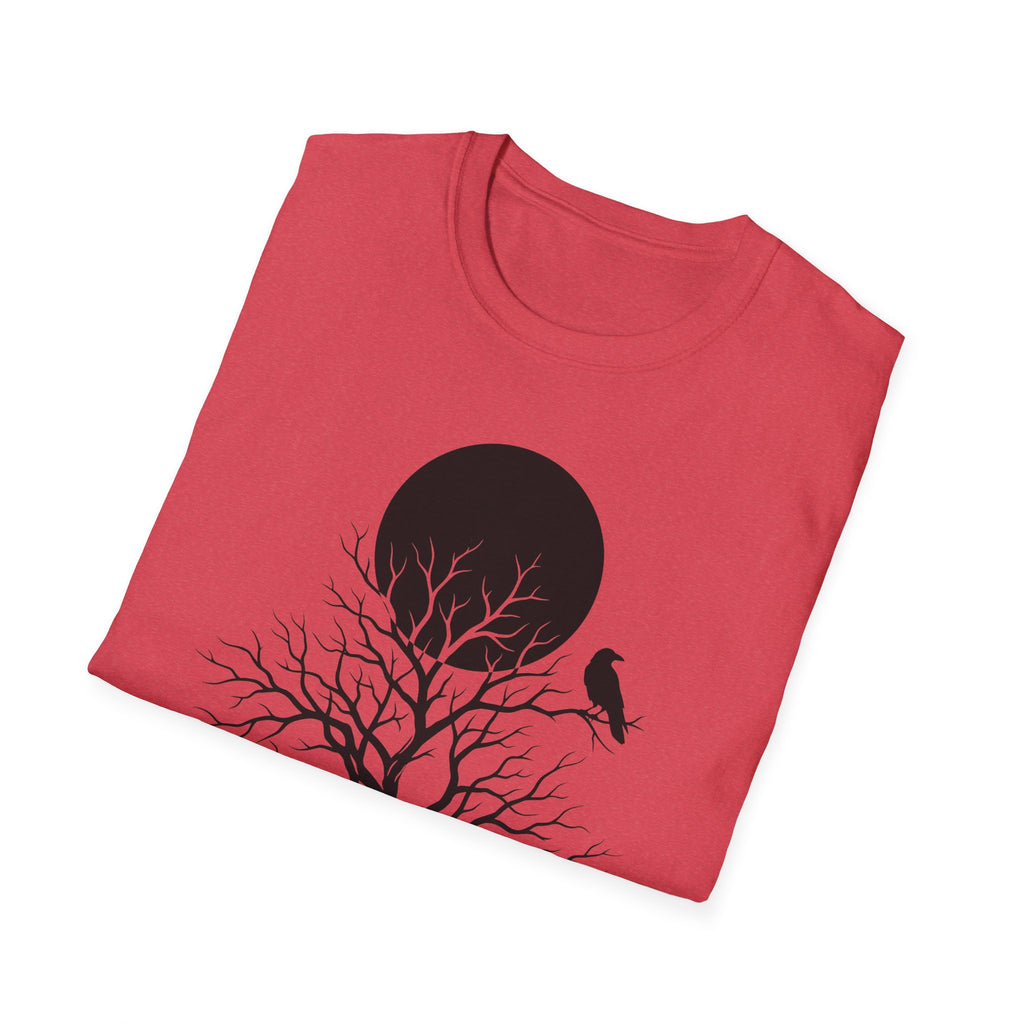 Heather Red T-shirt with dark moon, bare tree branches and raven scene