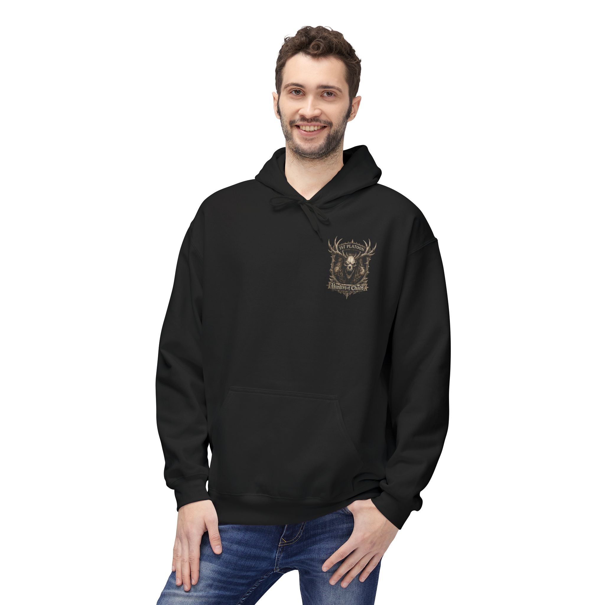 Black midweight hoodie with front chest crest logo and kangaroo pocket