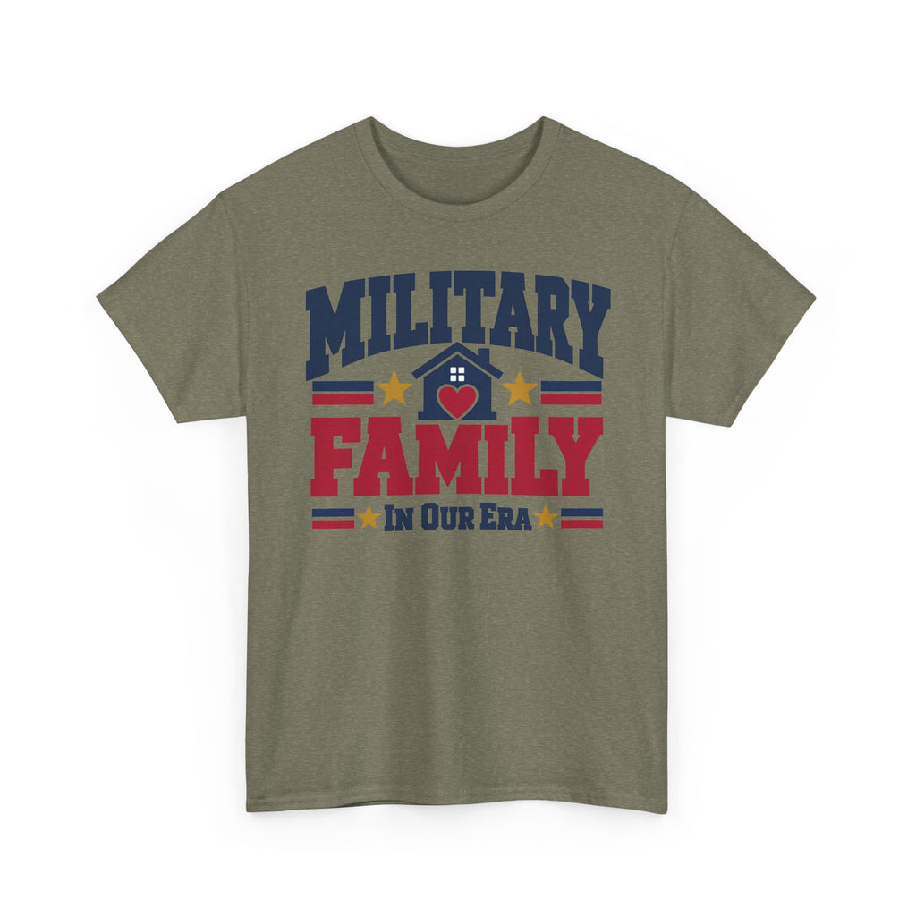Unisex military green T-shirt with “Military Family” patriotic heart graphic