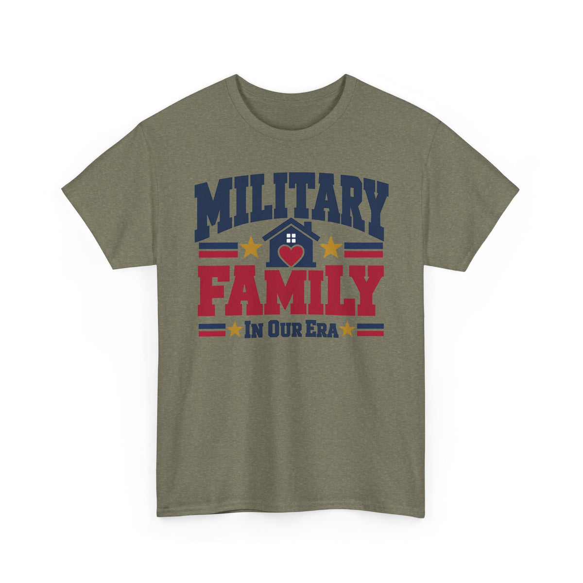 Unisex military green T-shirt with “Military Family” patriotic heart graphic