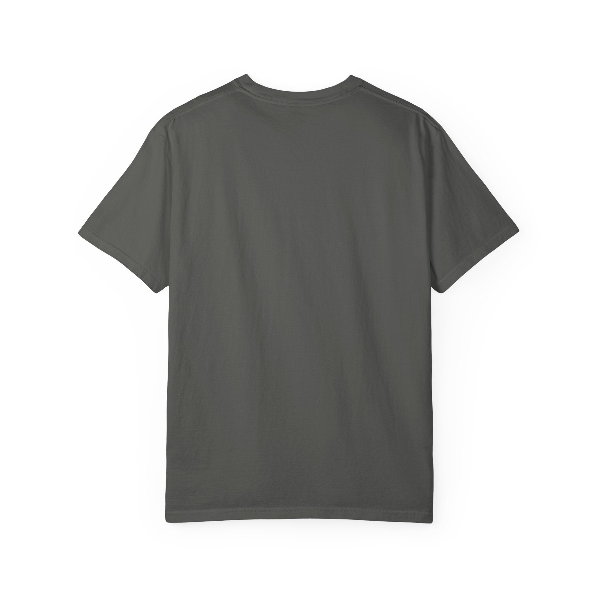 Dark gray T-shirt, plain back view with no visible graphic