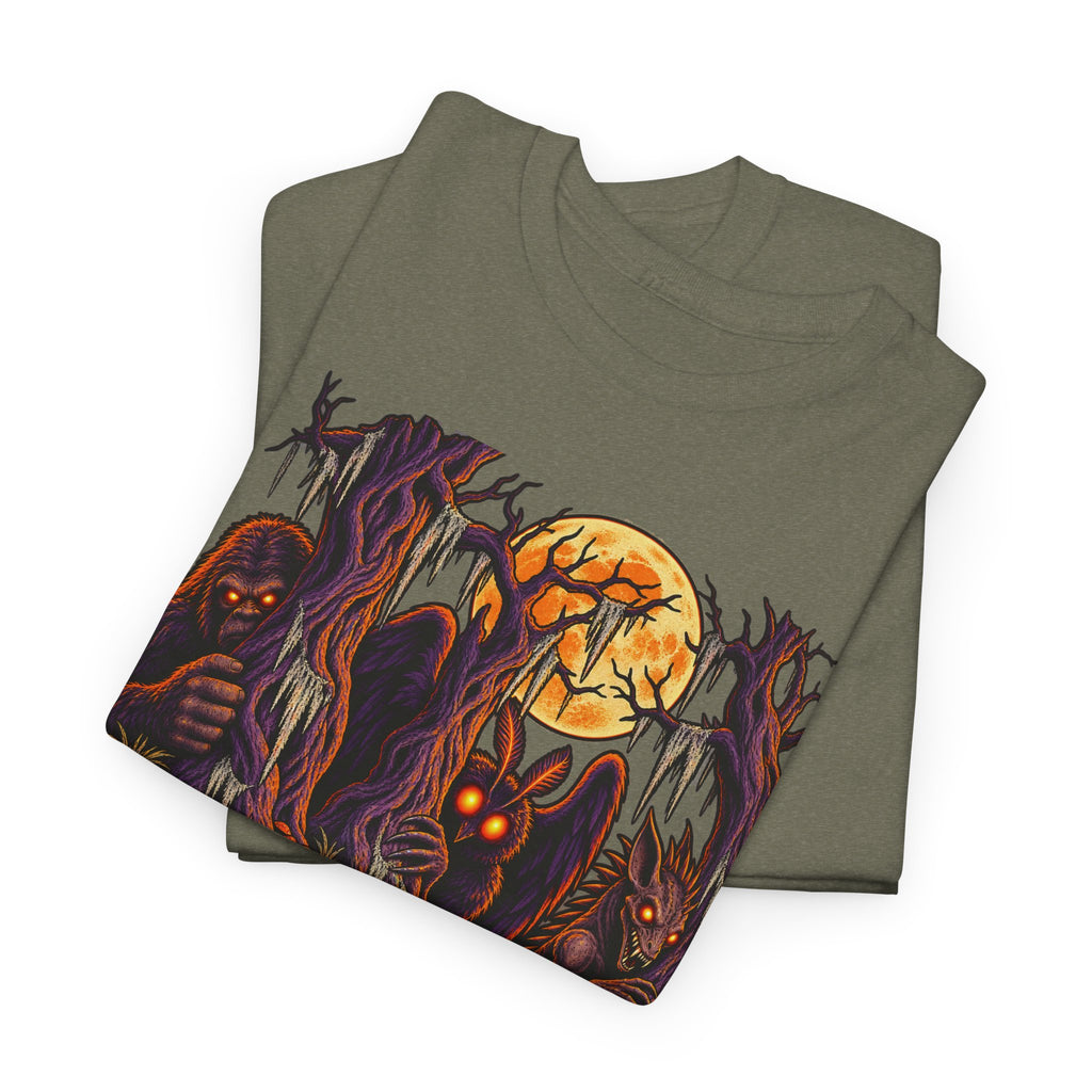Dark olive green T-shirt with colorful haunted monster graphic on the front.