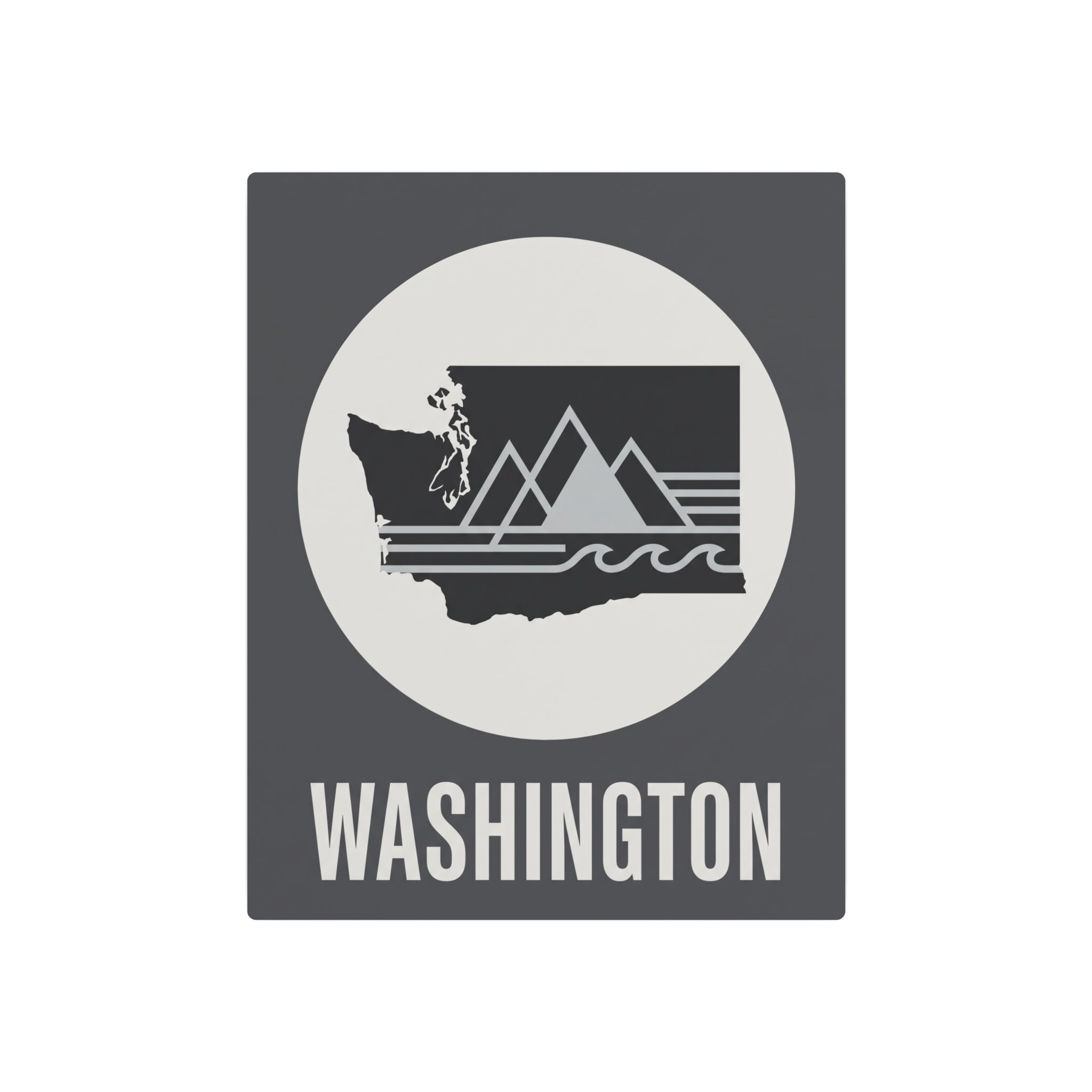 Washington metal wall art sign: dark gray square with white circle, landscape graphic and 'WASHINGTON'