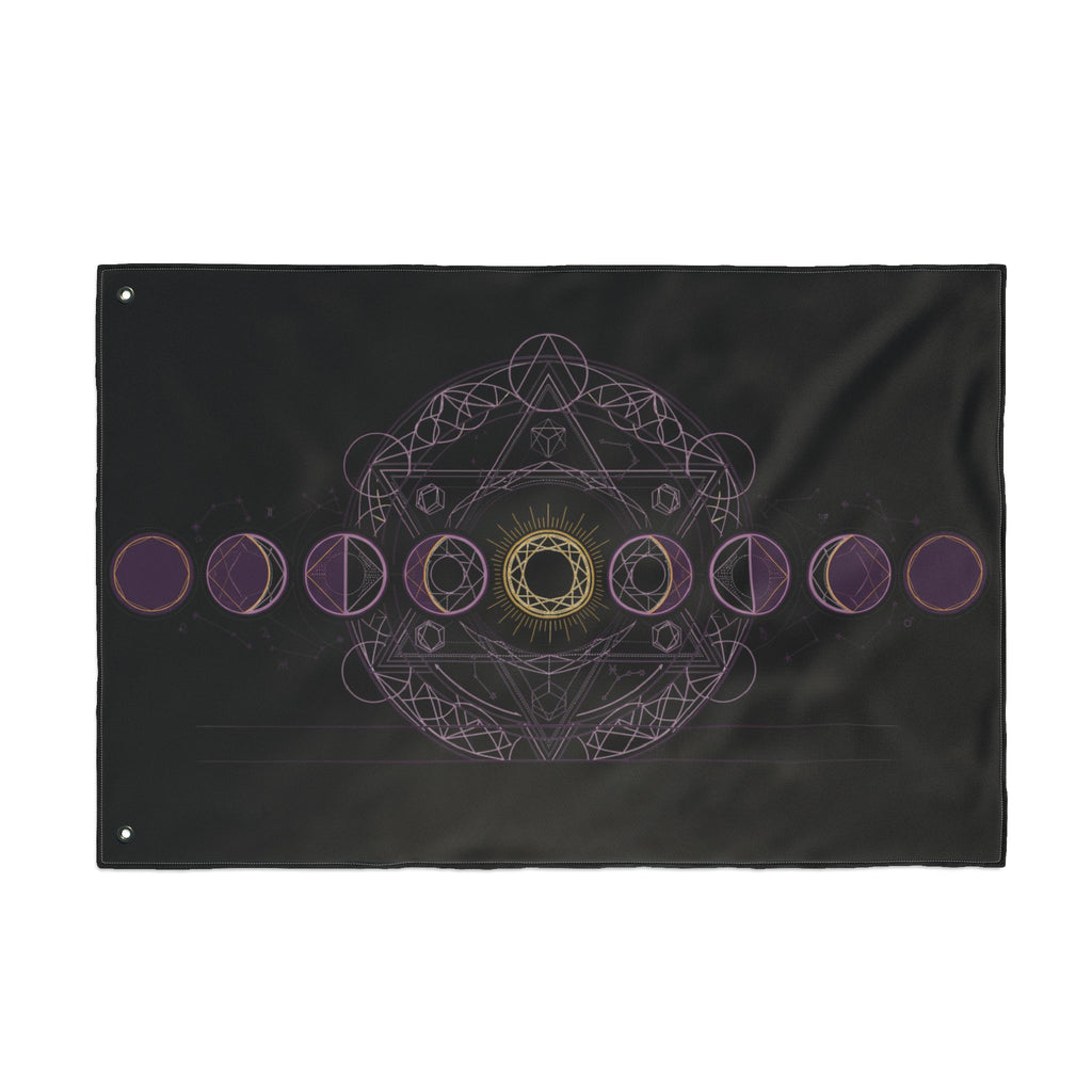 Black celestial banner flag with purple rings and gold mandala motif, top corner grommet.