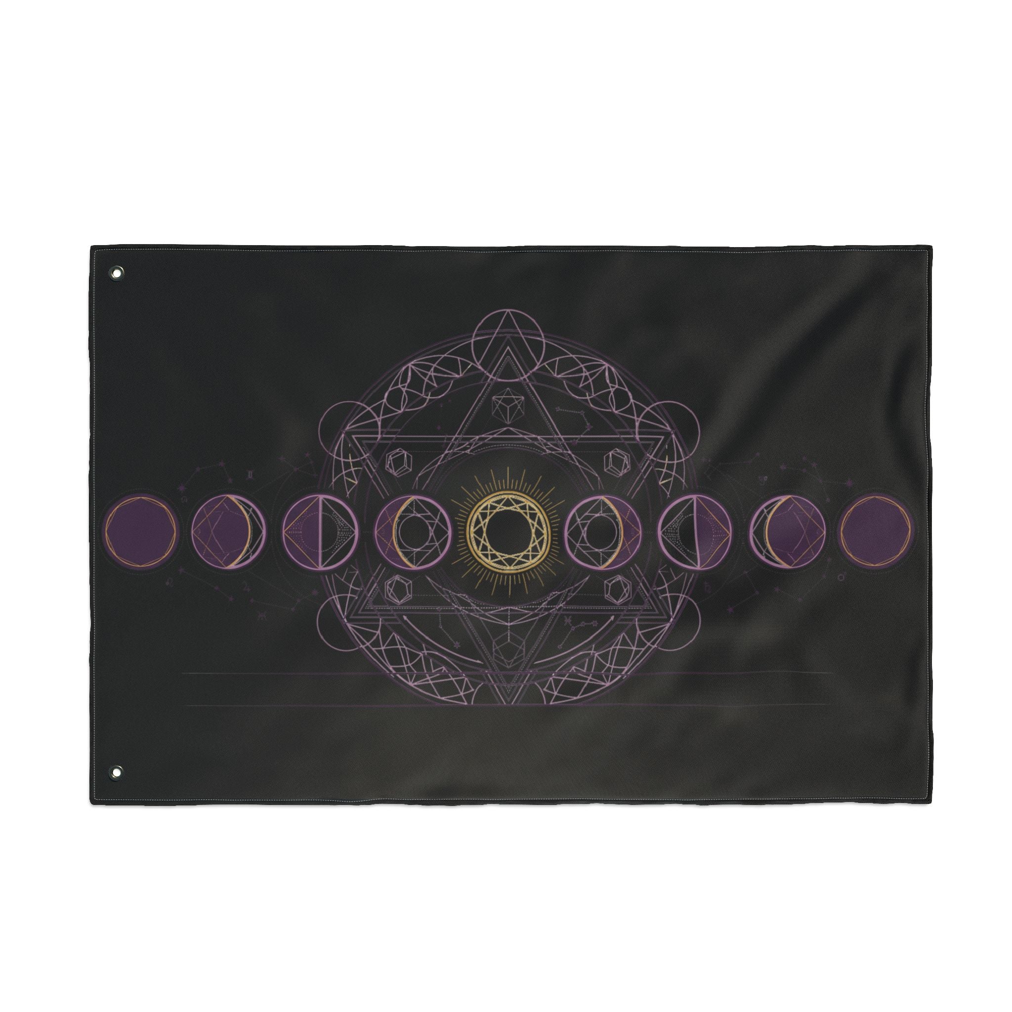 Black celestial banner flag with purple rings and gold mandala motif, top corner grommet.