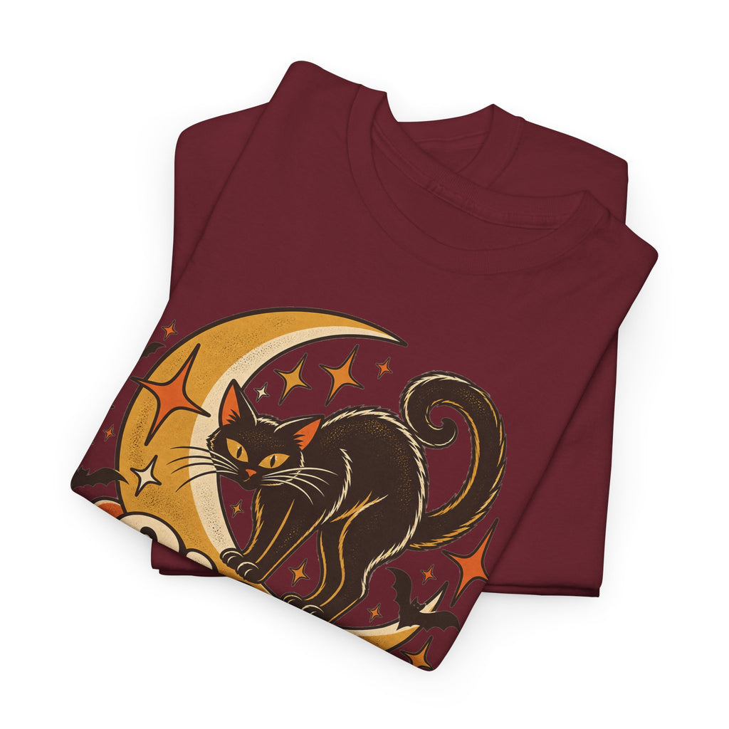 Hex Appeal Black Cat T-Shirt, Retro Crescent Moon Witchy Halloween Shirt for Women and Men, Funny Spooky Cat Lover Tee