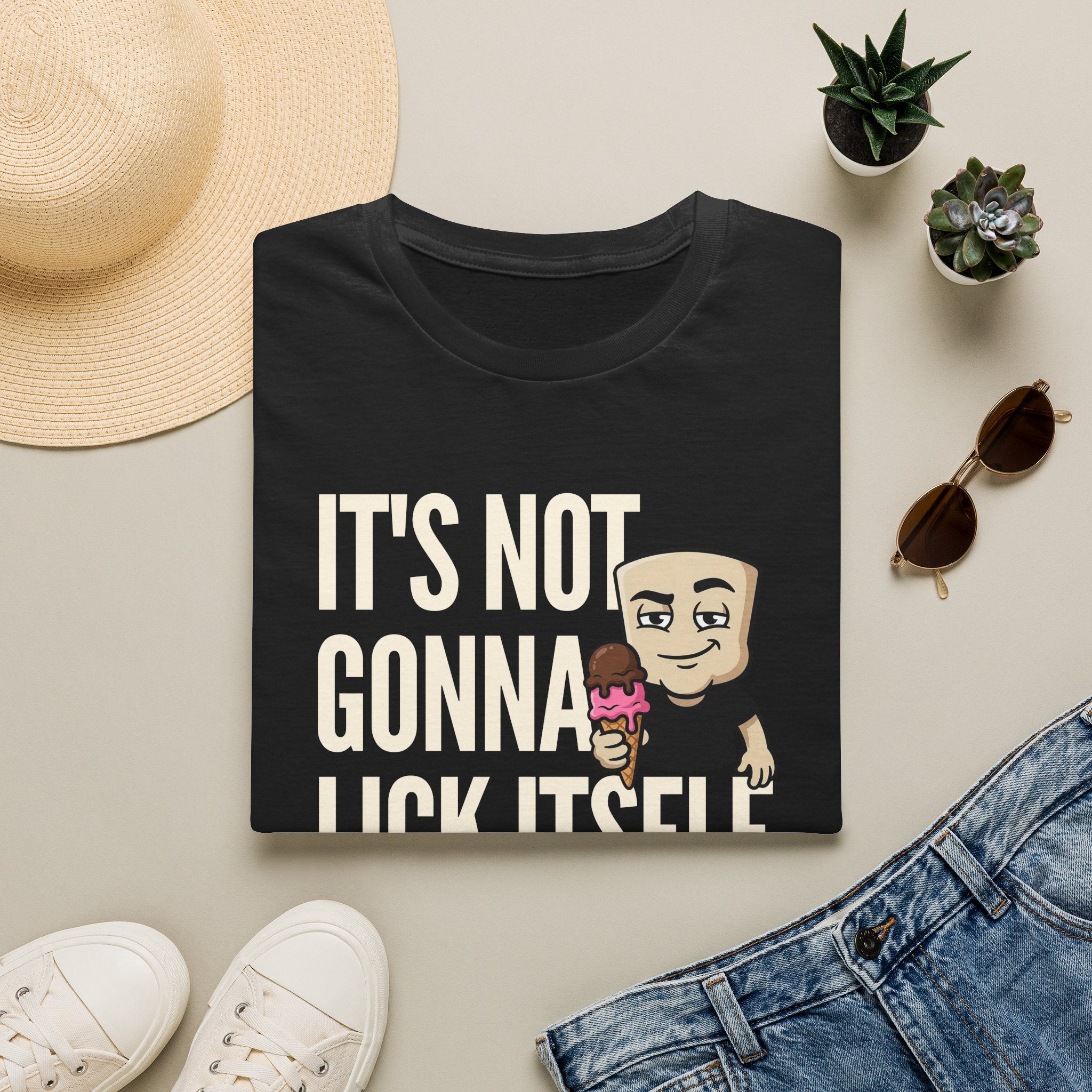 Black T-shirt with 'IT'S NOT GONNA' text and cartoon ice cream character.