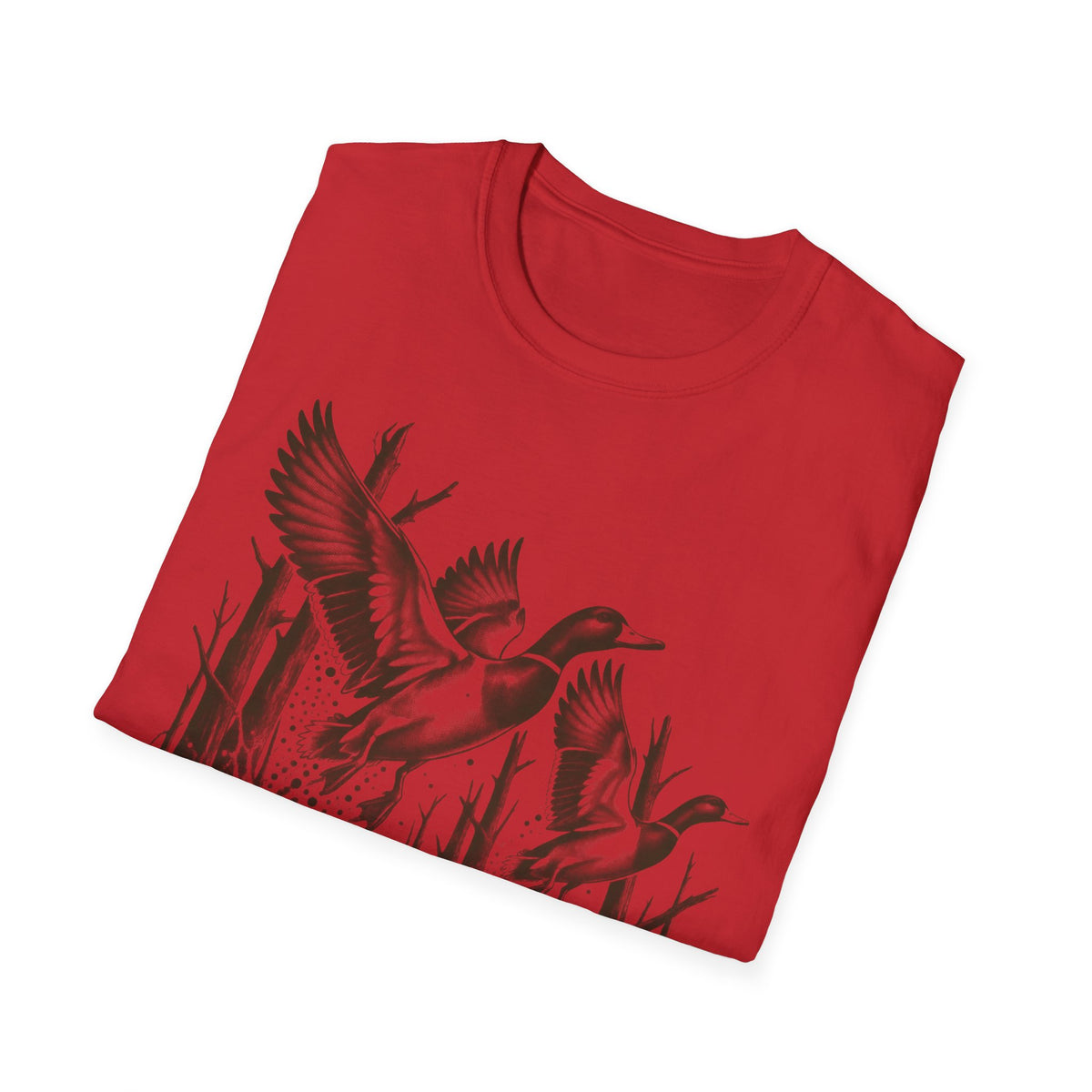 Red duck hunting t-shirt with flying-duck graphic across the front