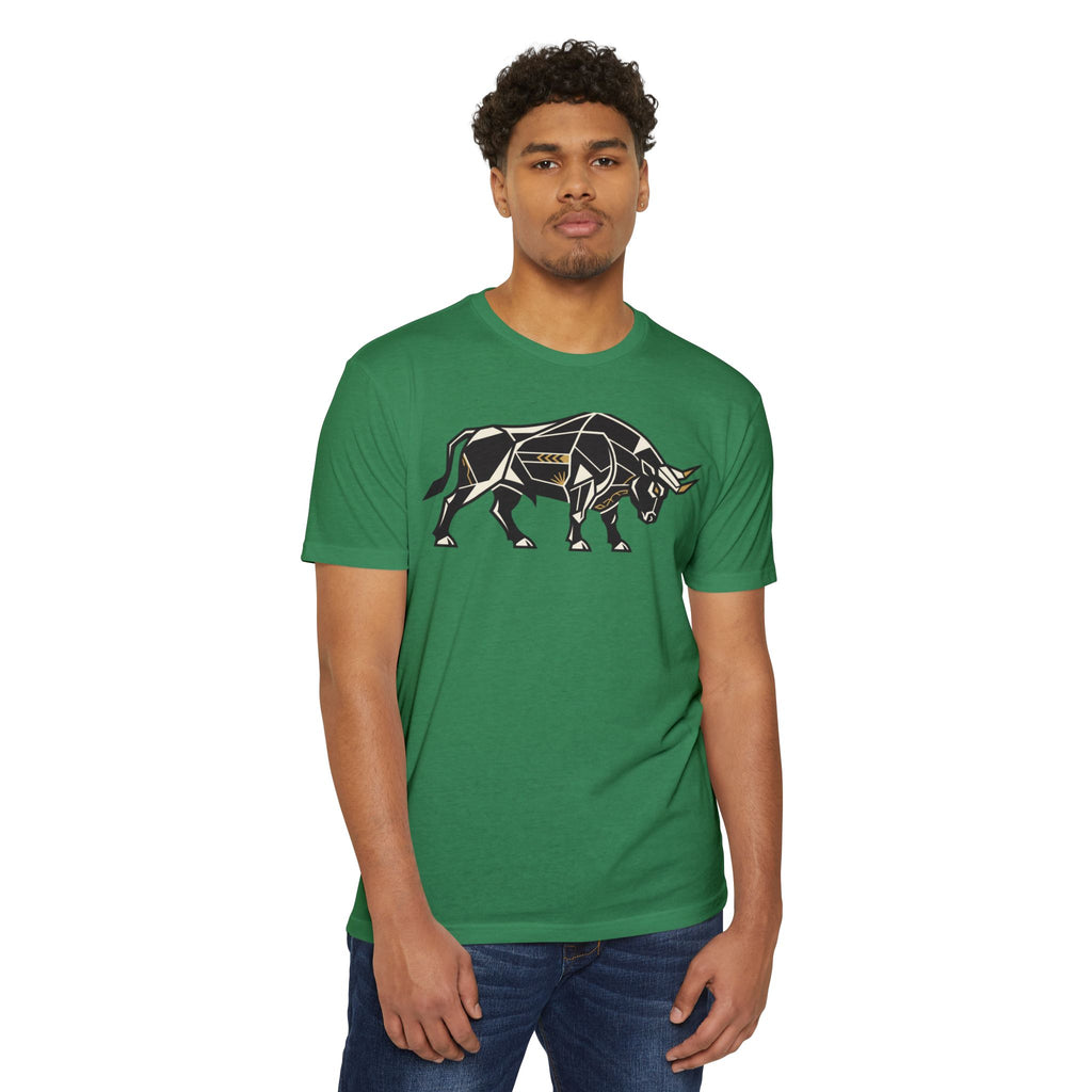 T-shirt, green, crew neck with geometric charging bull graphic on front