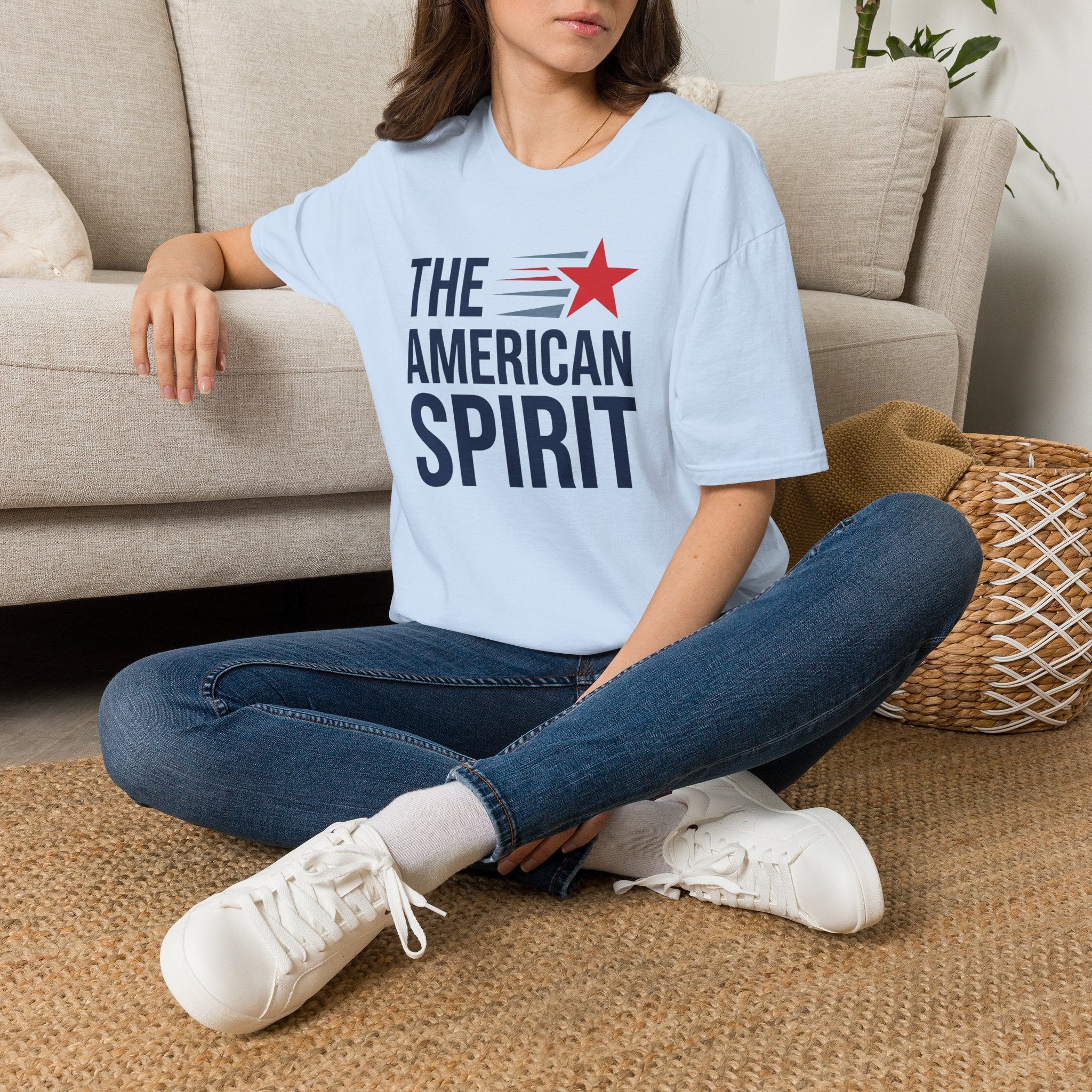 Light blue crewneck T-shirt with 'THE AMERICAN SPIRIT' star graphic