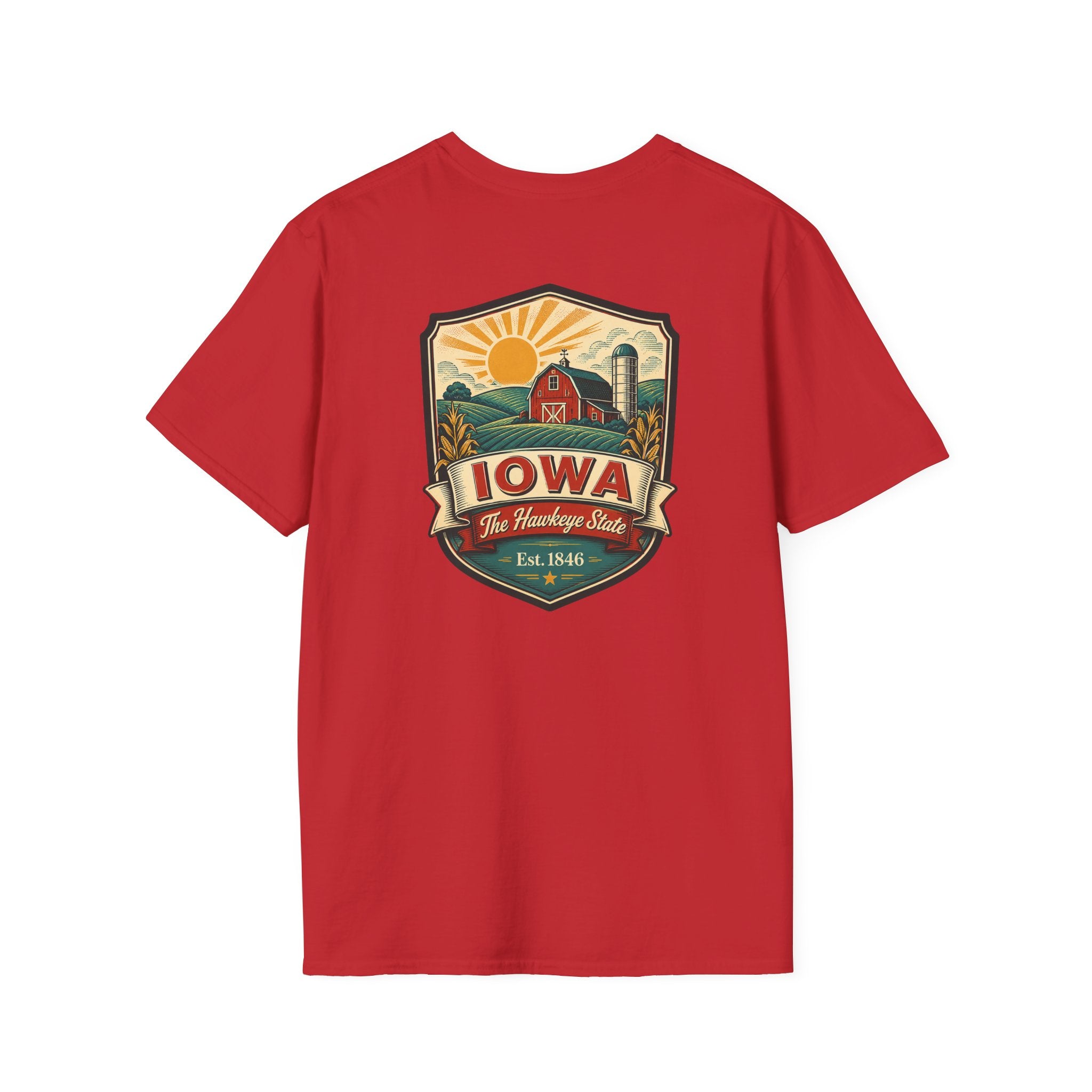 Red Iowa travel badge T-shirt with front graphic logo print