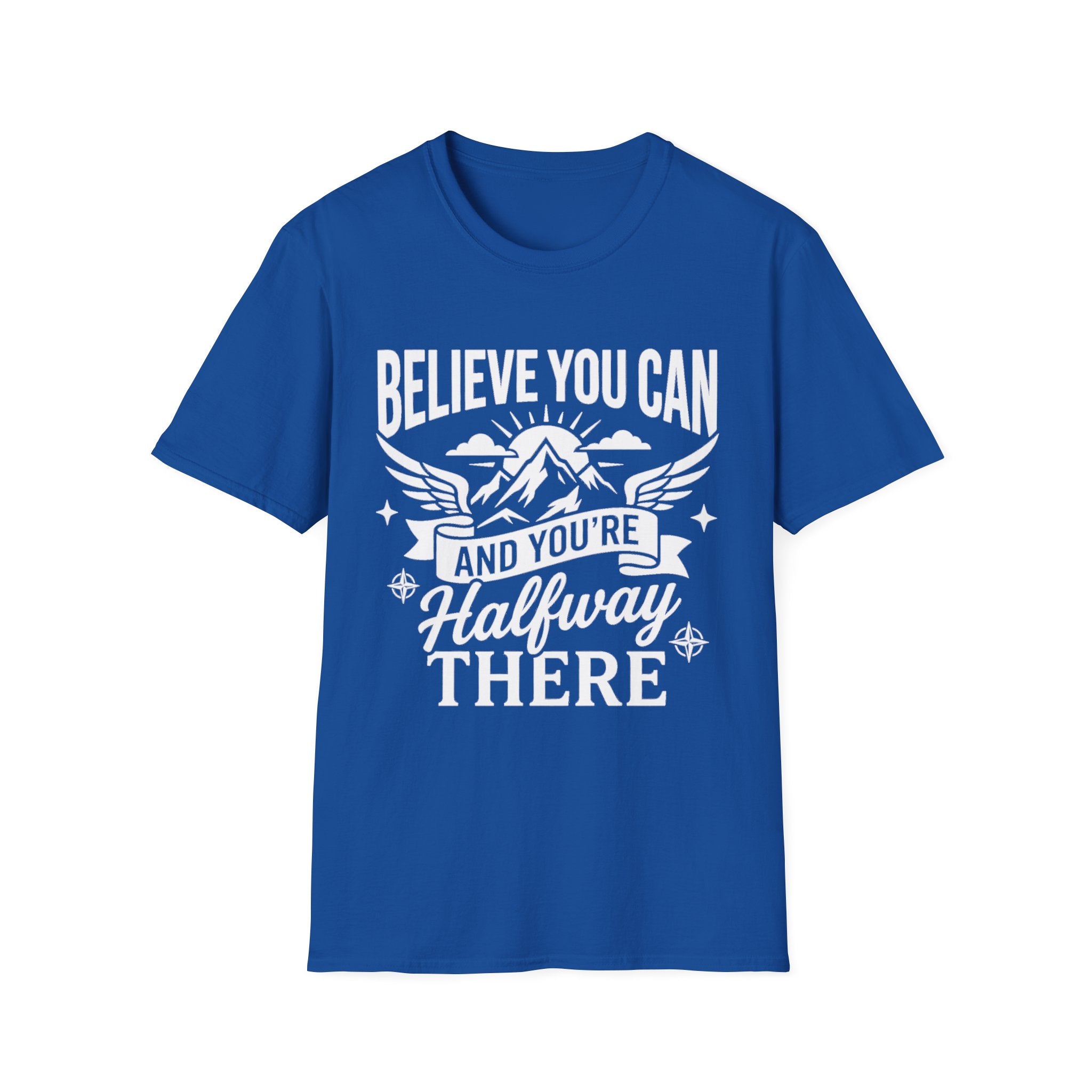 Royal Blue t-shirt with “Believe You Can” mountain hiking quote graphic on front