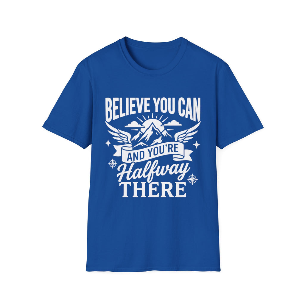 Royal blue T-shirt with “Believe You Can” mountain-and-wings typography print