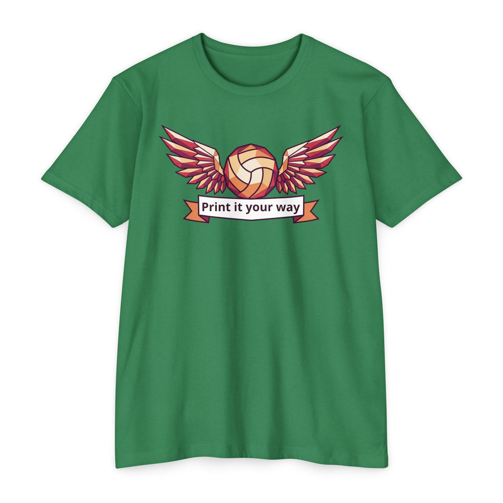 Unisex volleyball T-shirt in green with winged volleyball graphic on chest.