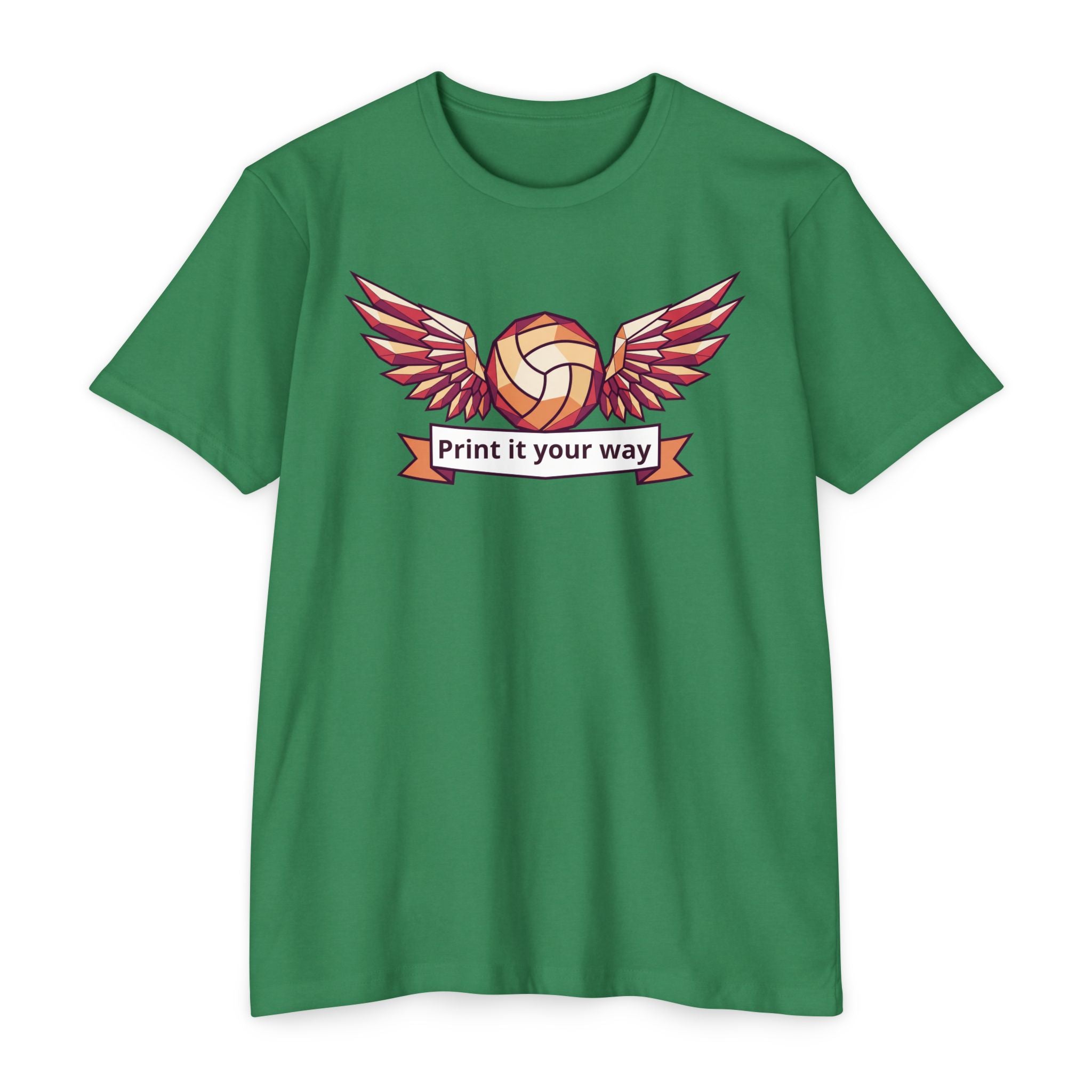 Unisex volleyball T-shirt in green with winged volleyball graphic on chest.