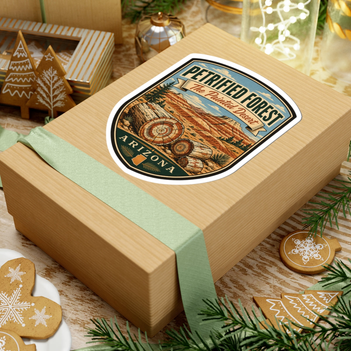 Petrified Forest travel sticker on gift box, shield design with desert landscape and Arizona