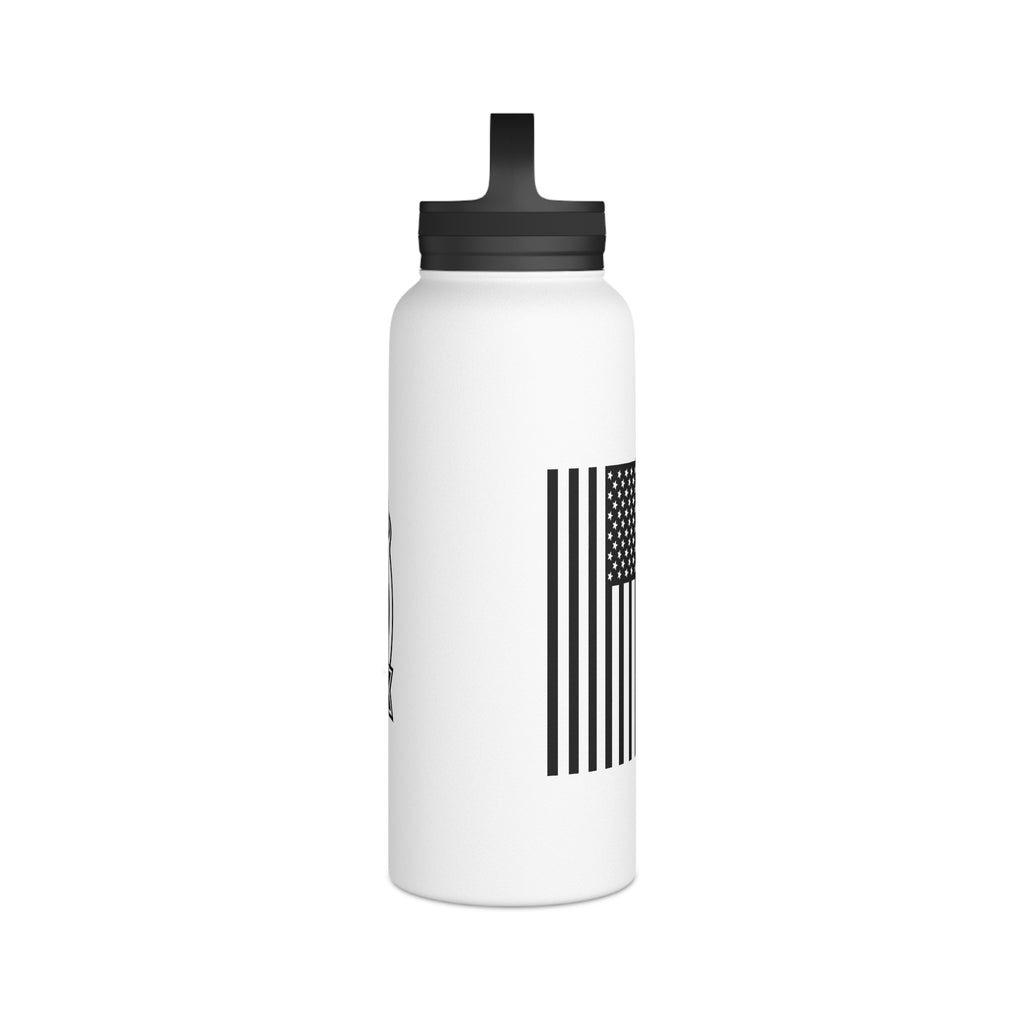 White stainless steel water bottle with black lid and side vertical stripe graphic