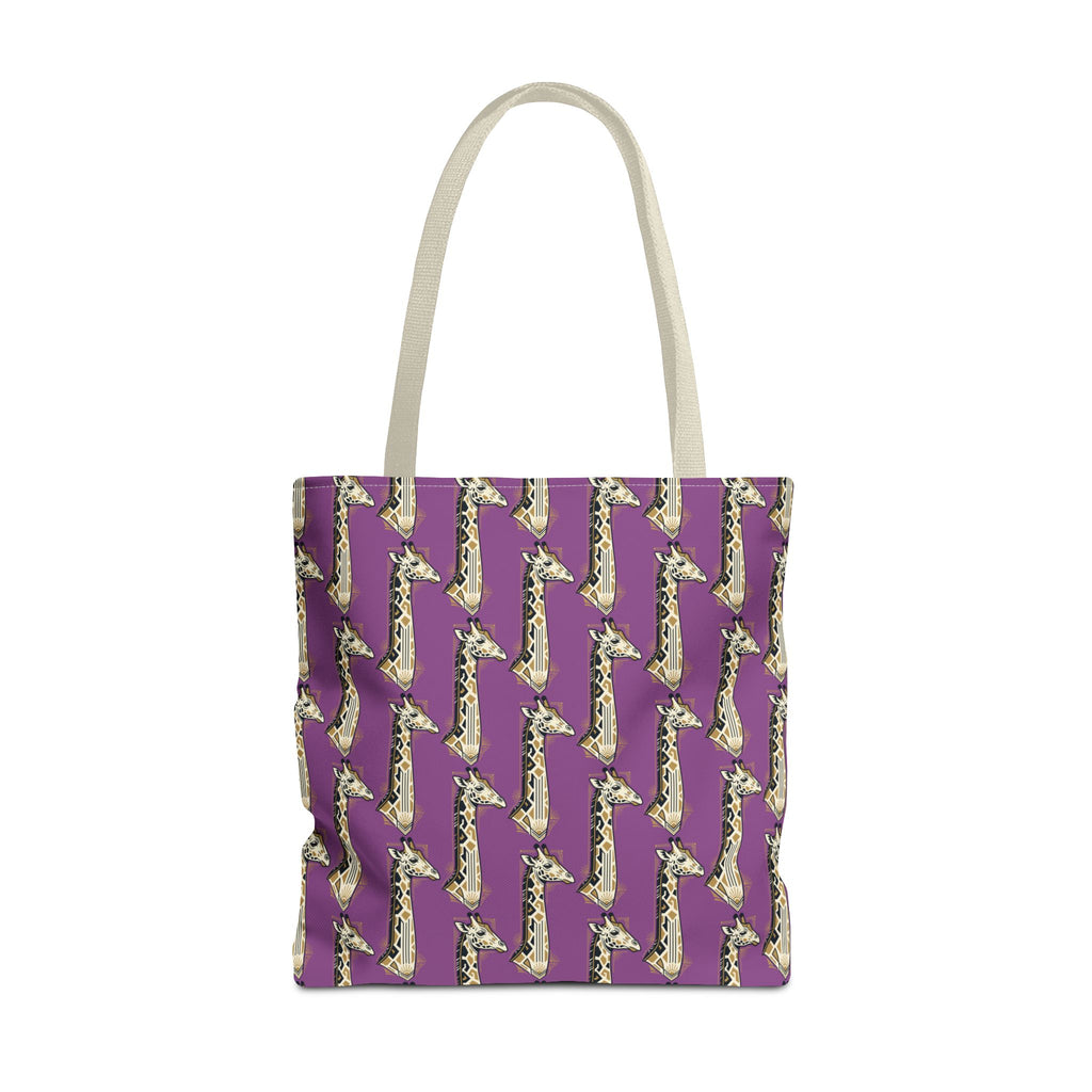 Purple tote bag with repeating saxophone pattern, light cream top handles