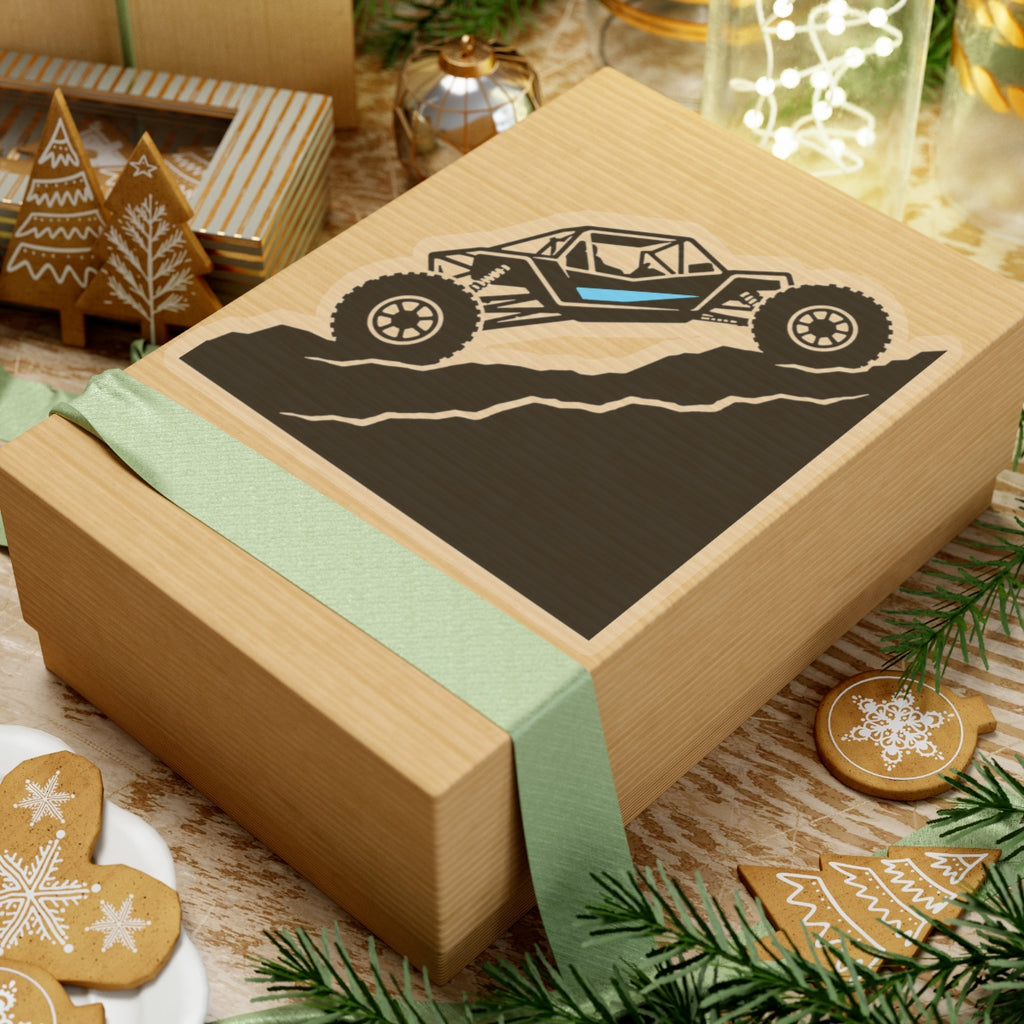 Off-road truck sticker on gift box, black rock crawler truck graphic on dark rectangle