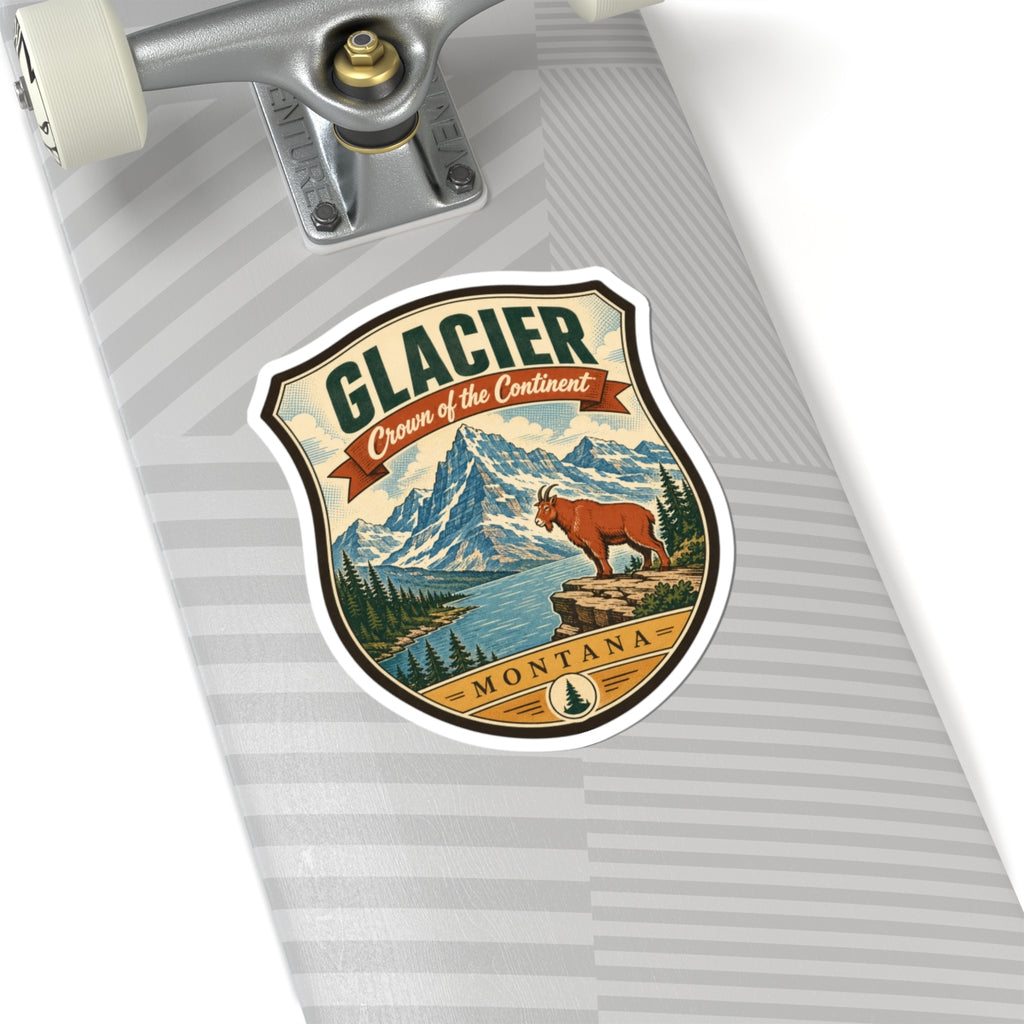 Shield travel sticker with “GLACIER” over mountains and pine trees, brown dog, “MONTANA”