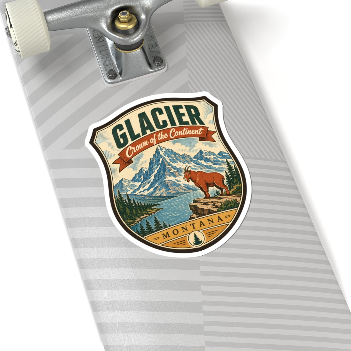Shield travel sticker with “GLACIER” over mountains and pine trees, brown dog, “MONTANA”