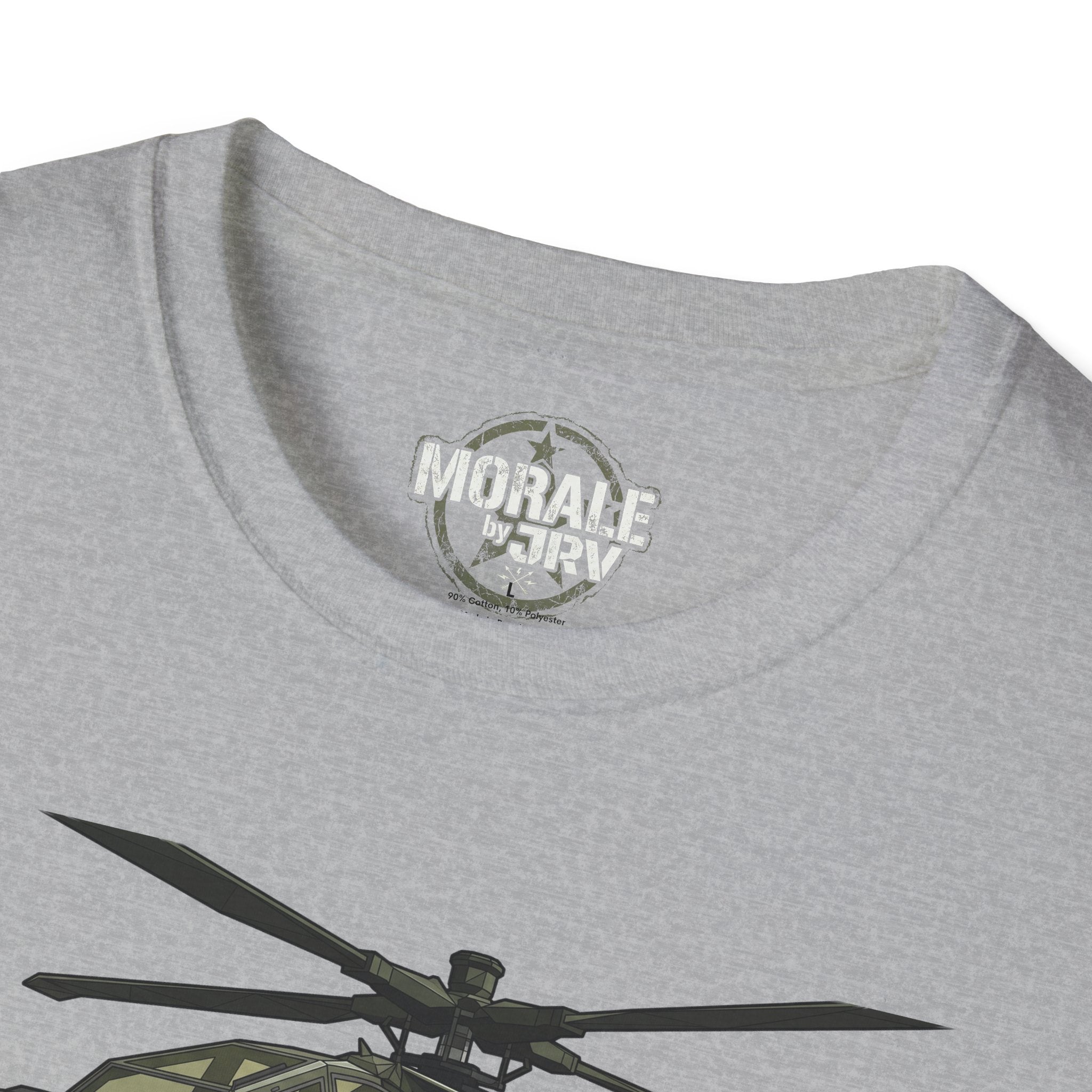 AH-64 Apache T-shirt sport grey close-up of neck logo and helicopter print