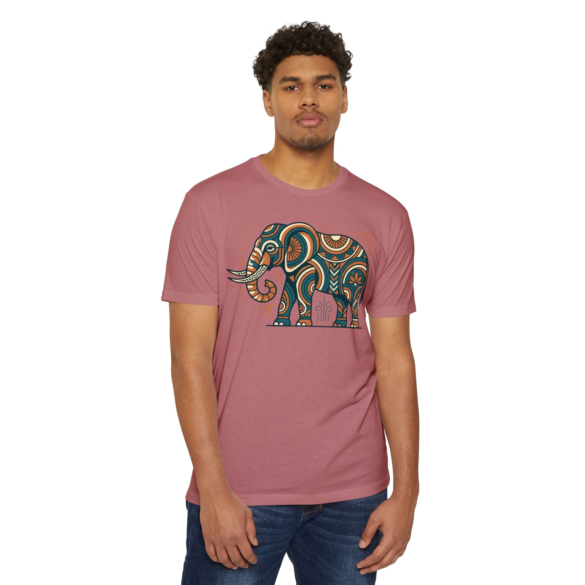 Men's mauve T-shirt with colorful elephant graphic on front