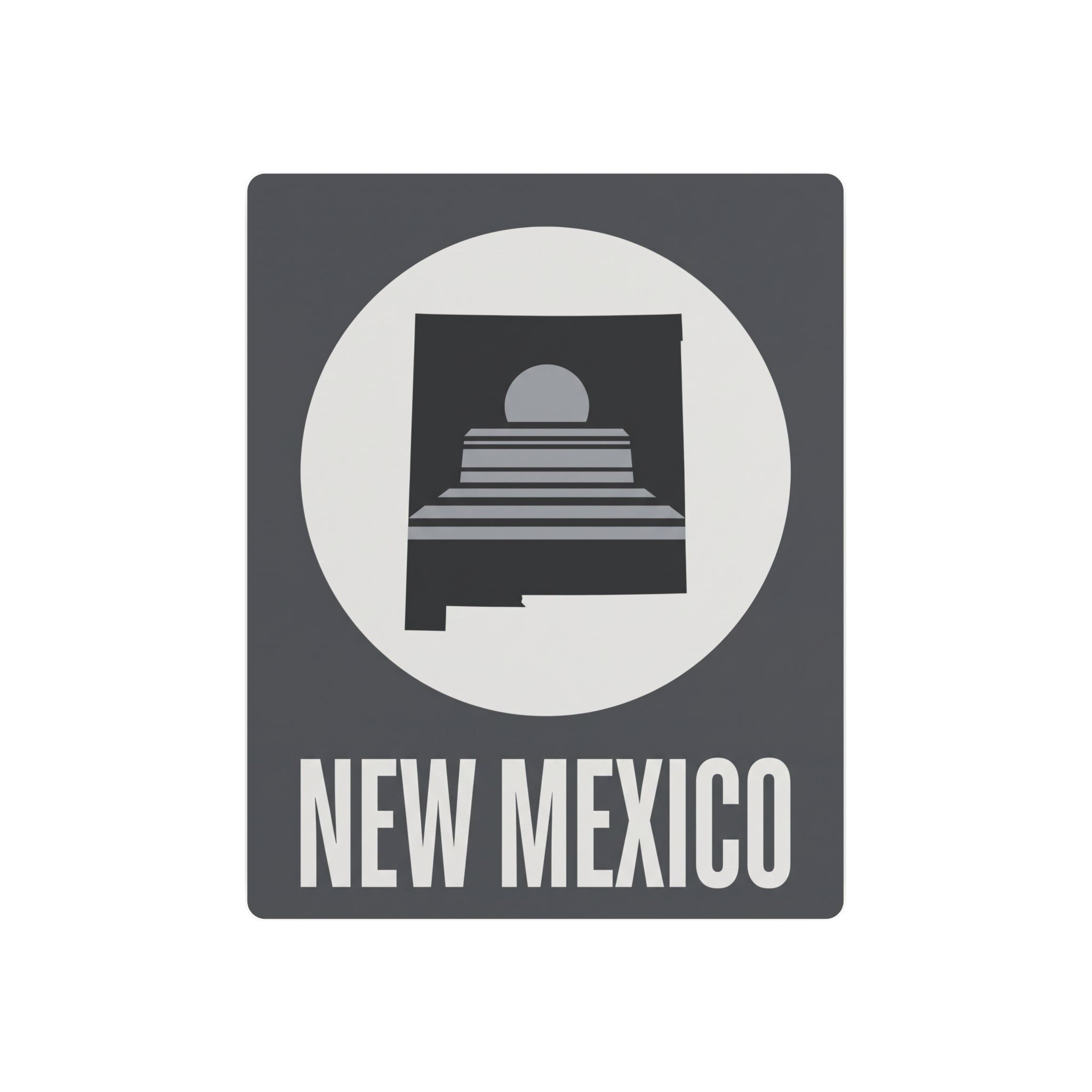 Square metal wall art sign with New Mexico text and skyline graphic in a circle