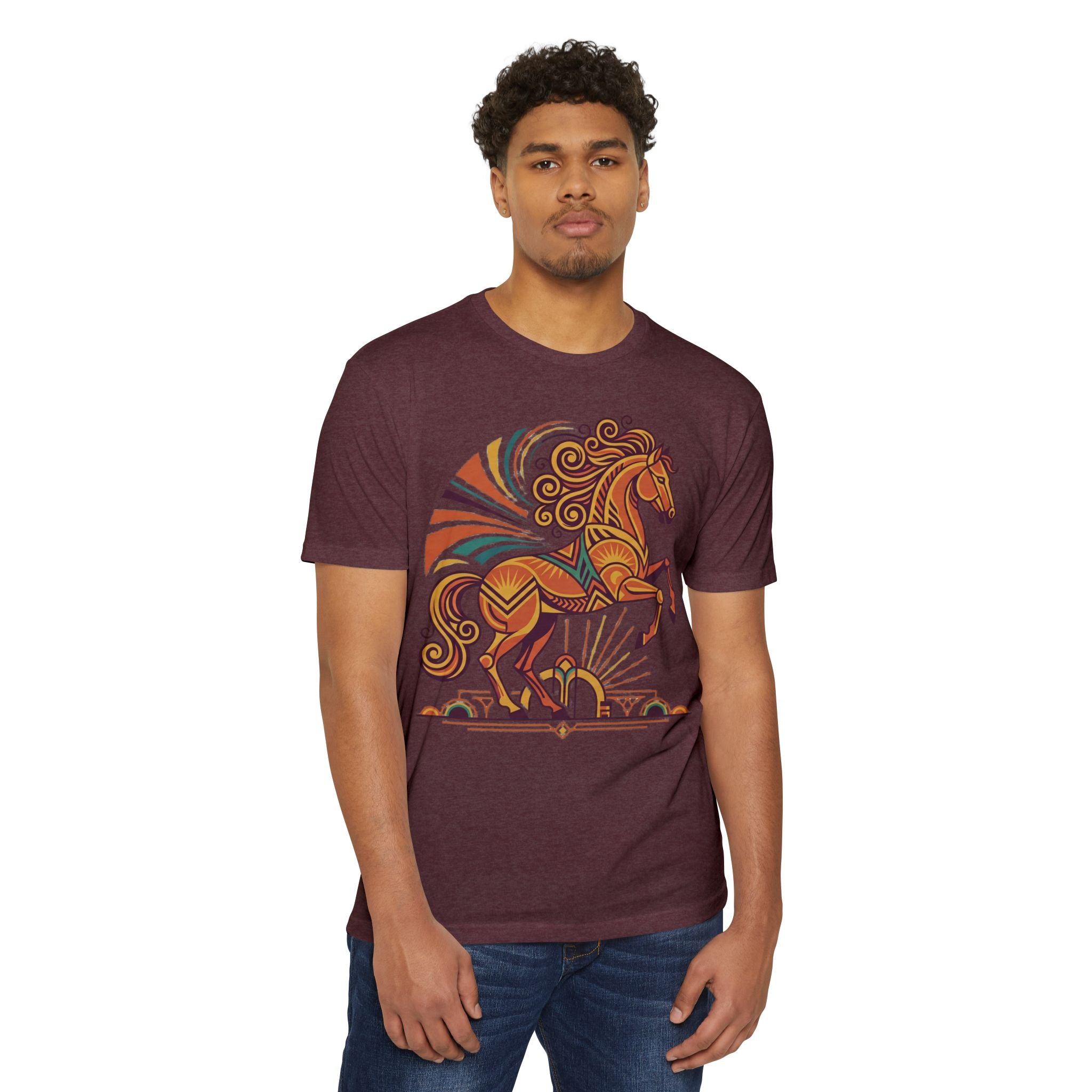 Burgundy horse graphic T-shirt with colorful prancing horse illustration