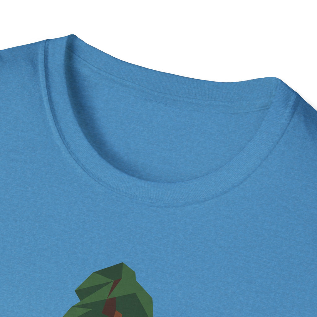 Geometric redwood tree T-shirt in blue, close-up of crew neck and top of print